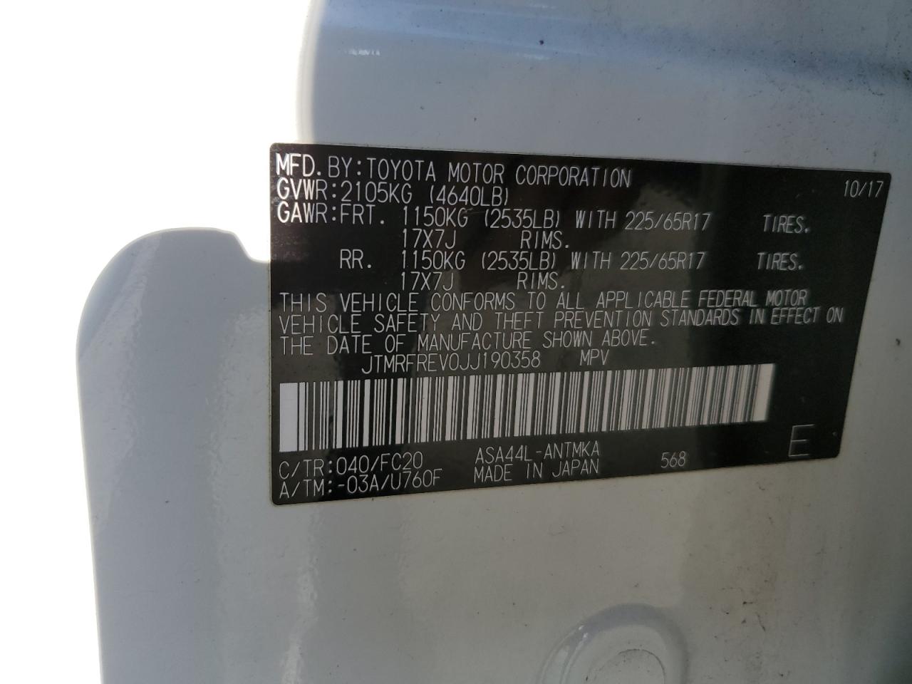 2018 Toyota RAV 4 VIN JTMRFREV0JJ190358 Copart auction photo, front end damage thumbnail 13