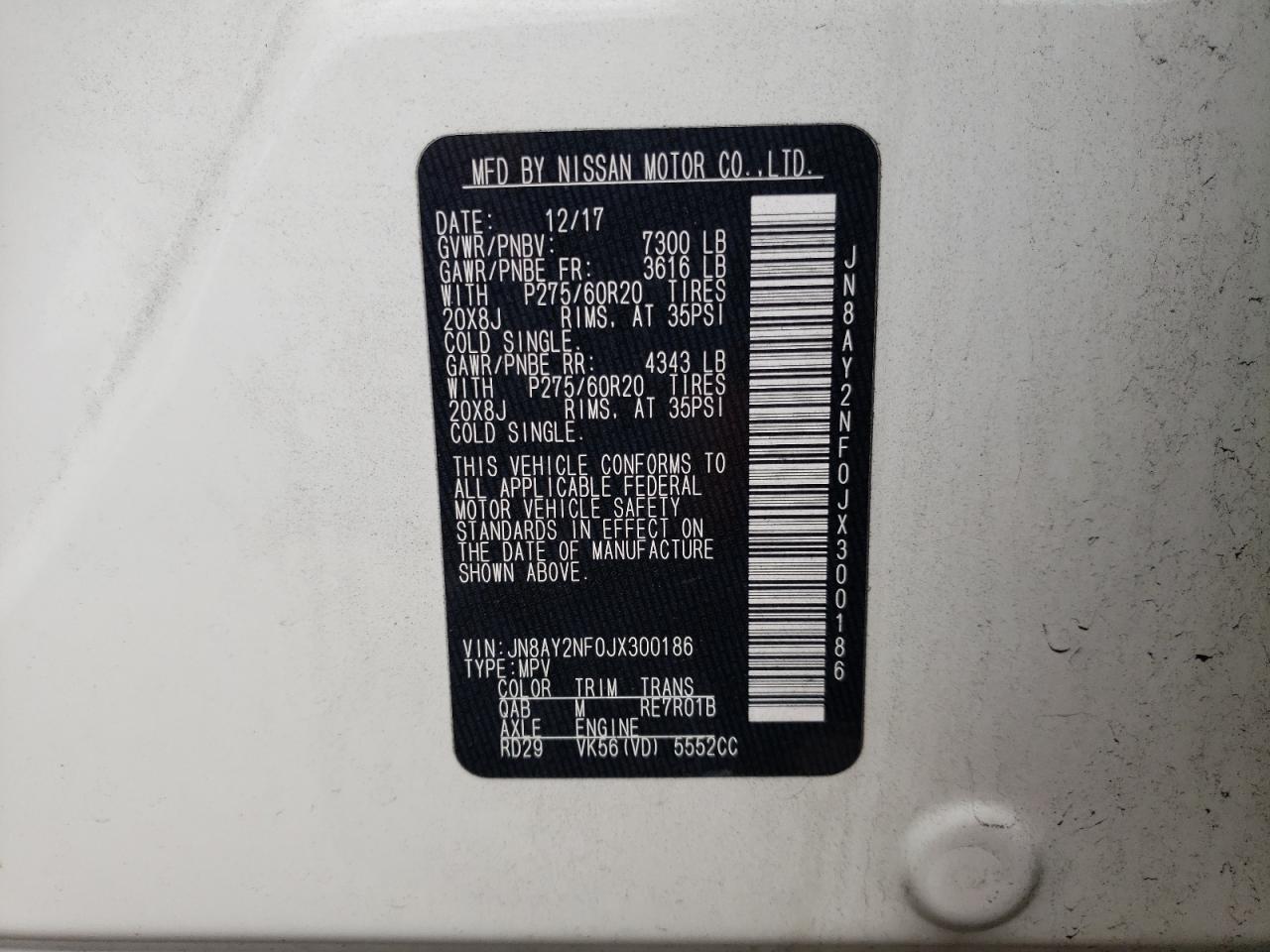 2018 Nissan Armada VIN JN8AY2NF0JX300186 Copart auction photo, rear end damage thumbnail 12