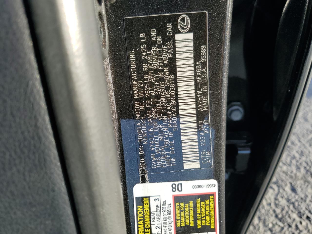 2024 Lexus ES VIN 58ADA1C19RU038118 Copart auction photo, frame damage / stripped damage thumbnail 15