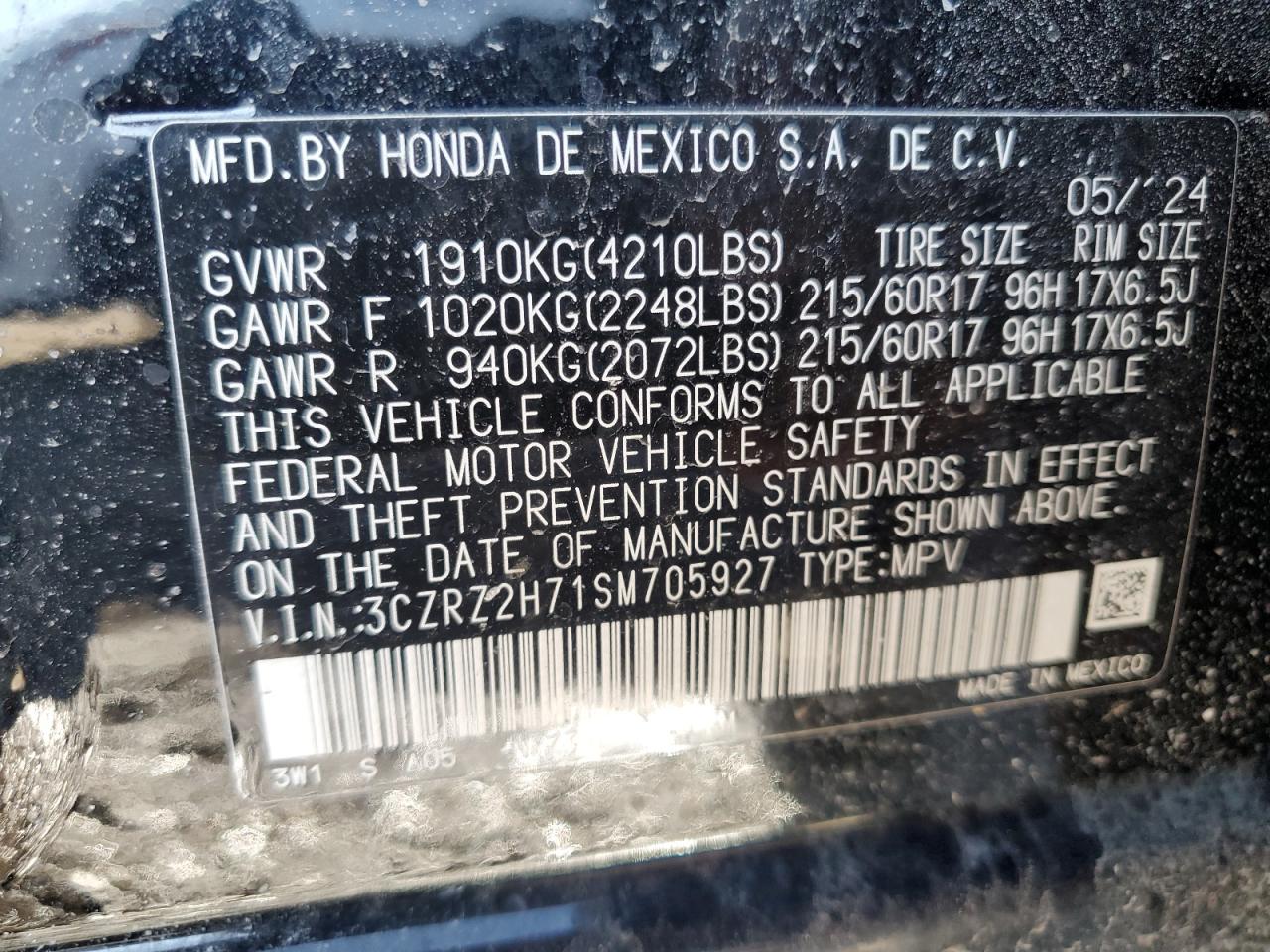 2025 Honda HR-V VIN 3CZRZ2H71SM705927 Copart auction photo, side damage thumbnail 13