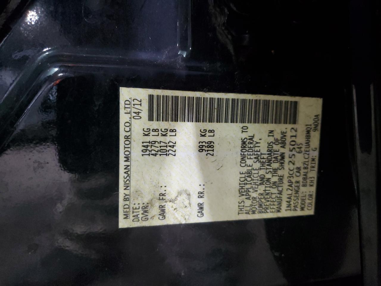 2012 Nissan Altima VIN 1N4AL2AP3CC255012 Copart auction photo, front end / minor dent/scratches damage thumbnail 12