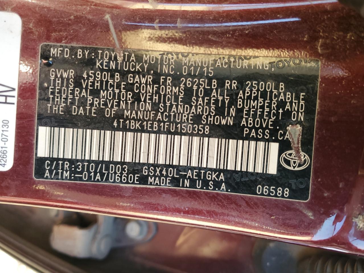 2015 Toyota Avalon VIN 4T1BK1EB1FU150358 Copart auction photo, front end damage thumbnail 14