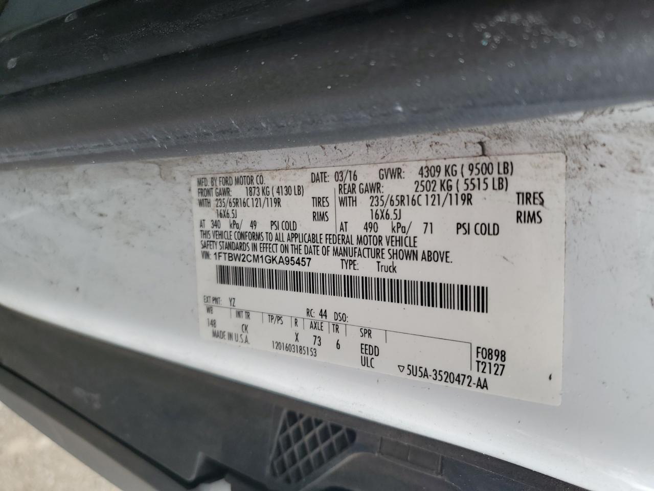 2016 Ford Transit VIN 1FTBW2CM1GKA95457 Copart auction photo, minor dent/scratches damage thumbnail 13