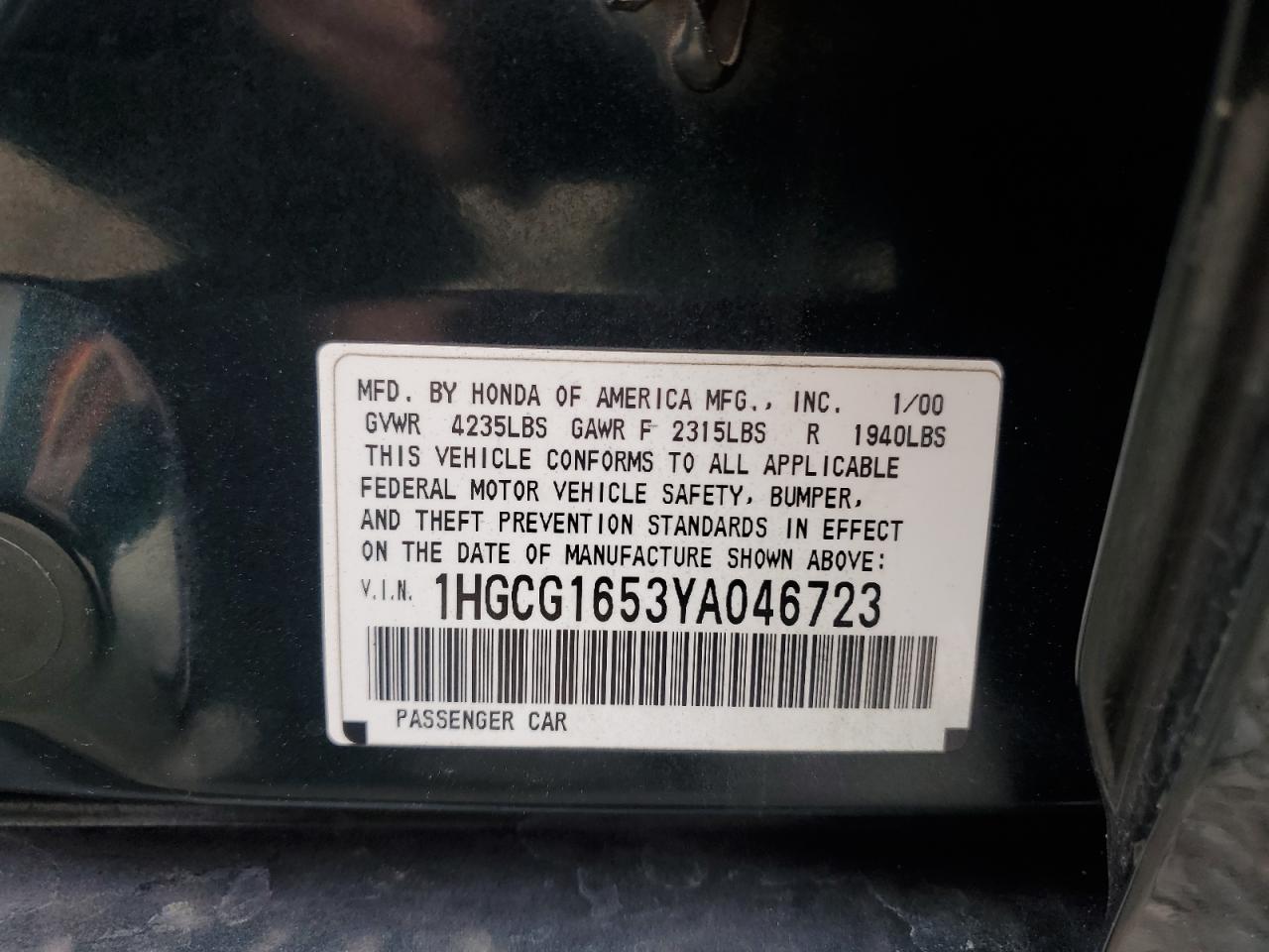 2000 Honda Accord VIN 1HGCG1653YA046723 Copart auction photo, front end / side damage thumbnail 12