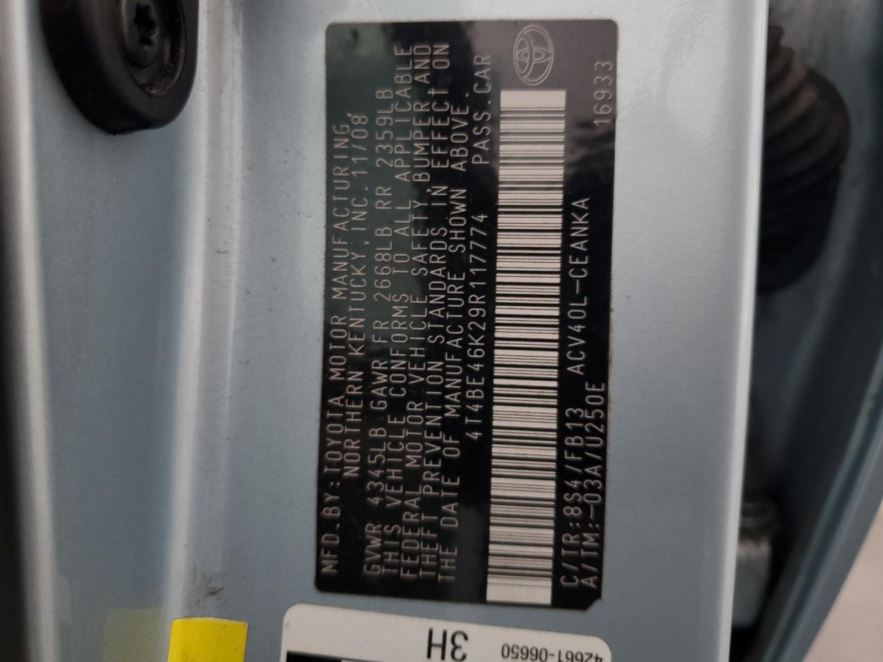 2009 Toyota Camry VIN 4T4BE46K29R117774 Copart auction photo, front end / side damage thumbnail 13