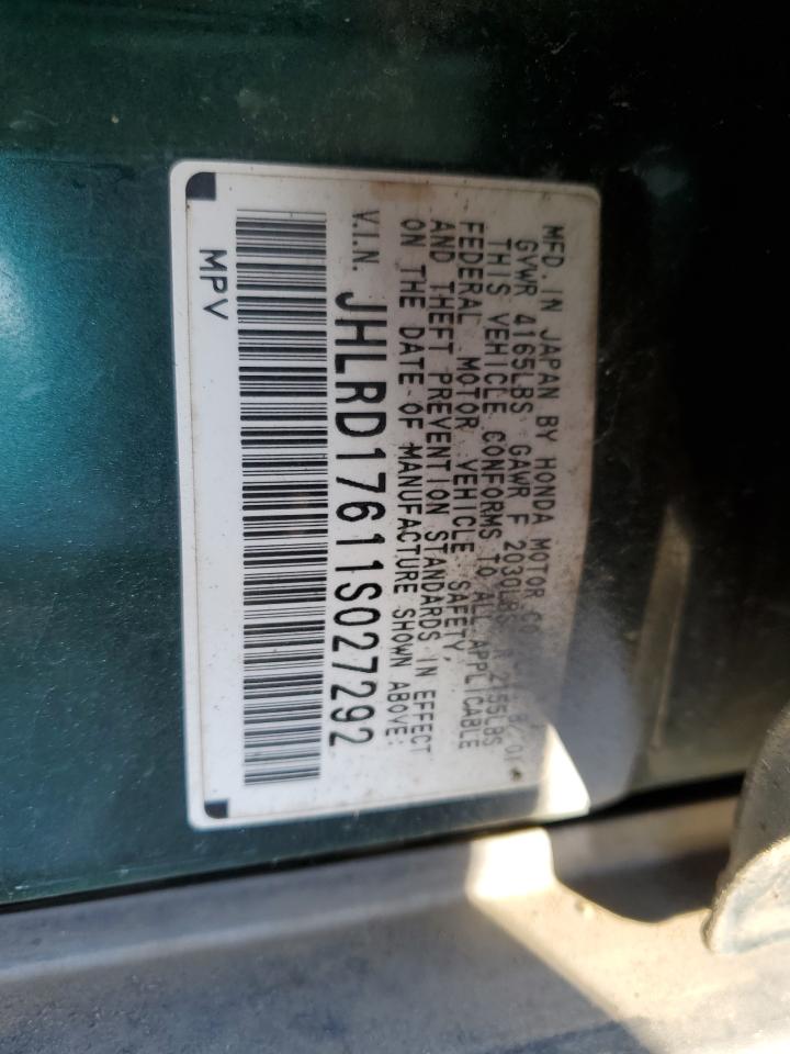 2001 Honda CR-V VIN JHLRD17611S027292 Copart auction photo, side / rear end damage thumbnail 13