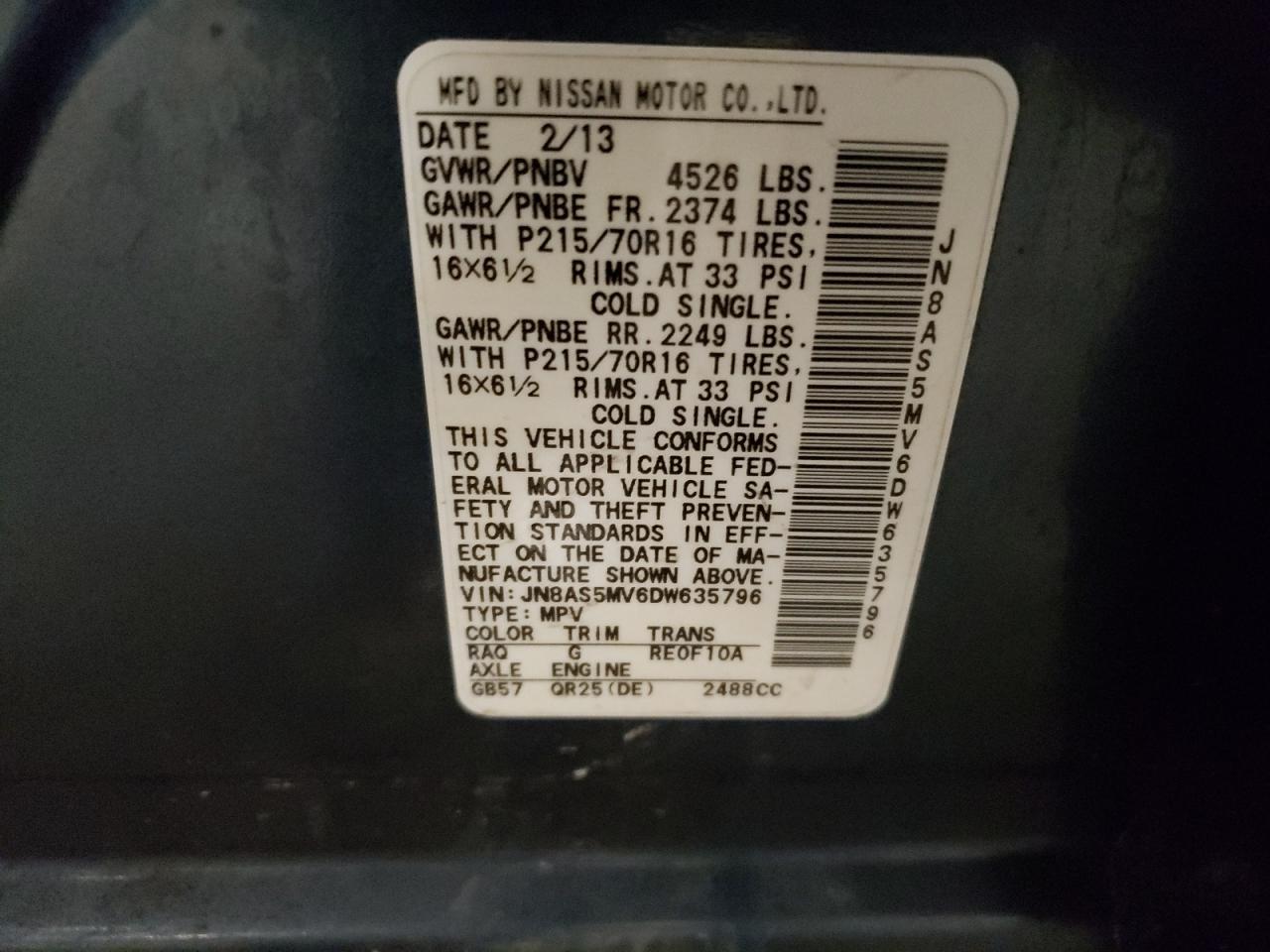 2013 Nissan Rogue VIN JN8AS5MV6DW635796 Copart auction photo, burn / side damage thumbnail 16
