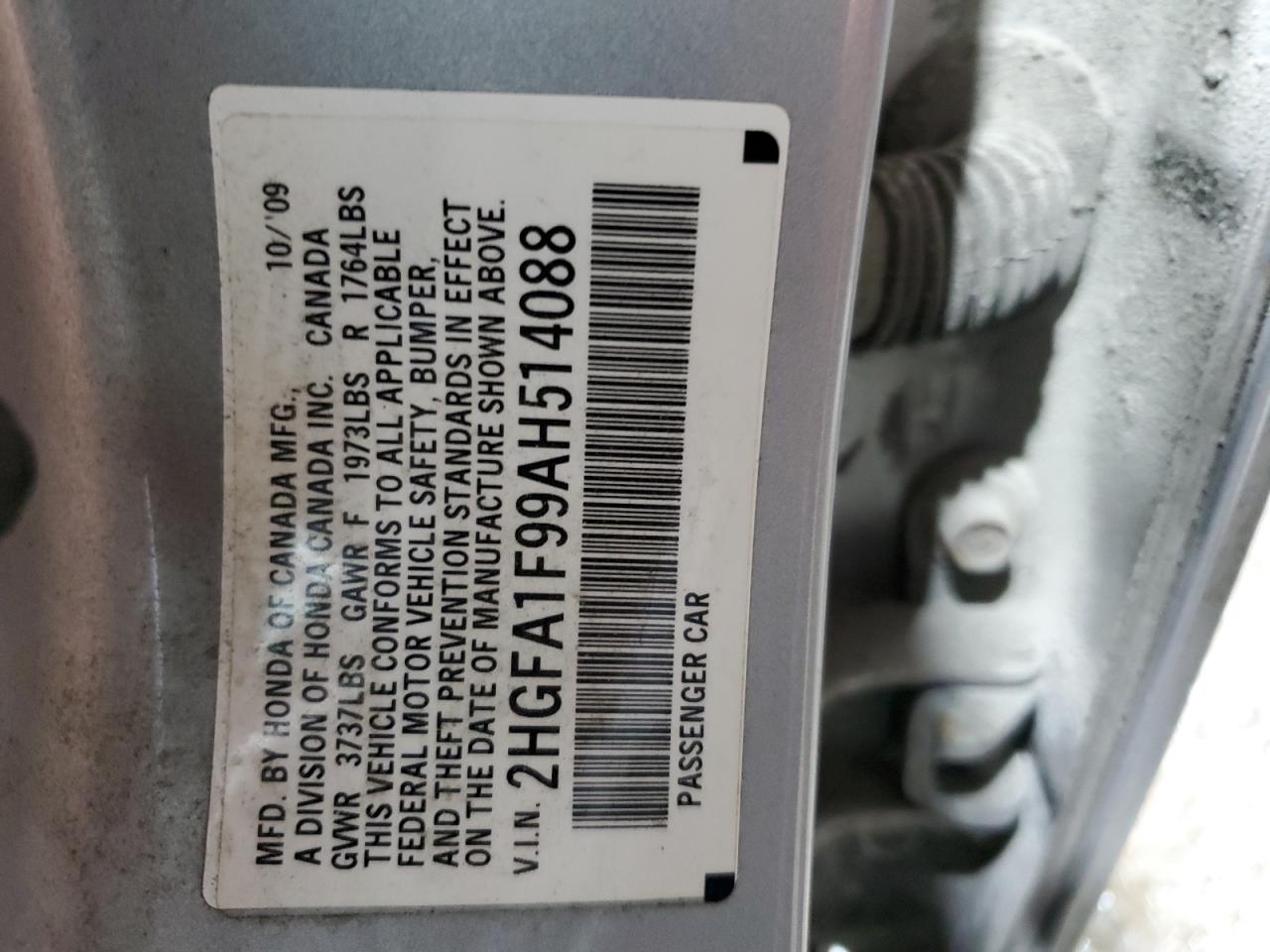 2010 Honda Civic VIN 2HGFA1F99AH514088 Copart auction photo, front end / minor dent/scratches damage thumbnail 12