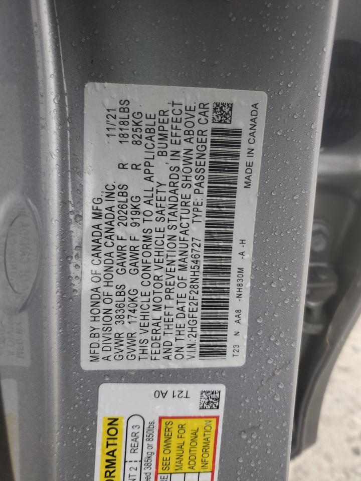 2022 Honda Civic VIN 2HGFE2F28NH546727 Copart auction photo, rear end damage thumbnail 13