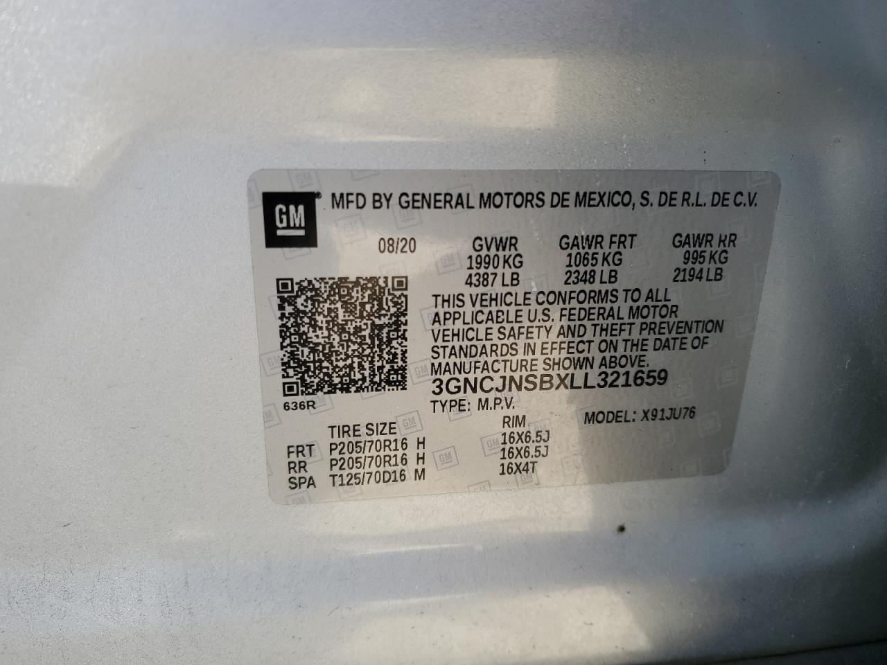 2020 Chevrolet Trax VIN 3GNCJNSBXLL321659 Copart auction photo, rear end / frame damage damage thumbnail 13