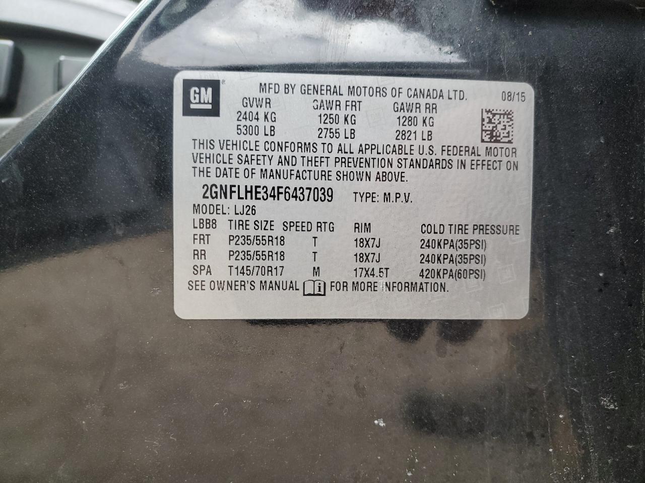 2015 Chevrolet Equinox VIN 2GNFLHE34F6437039 Copart auction photo, front end / rear end damage thumbnail 14