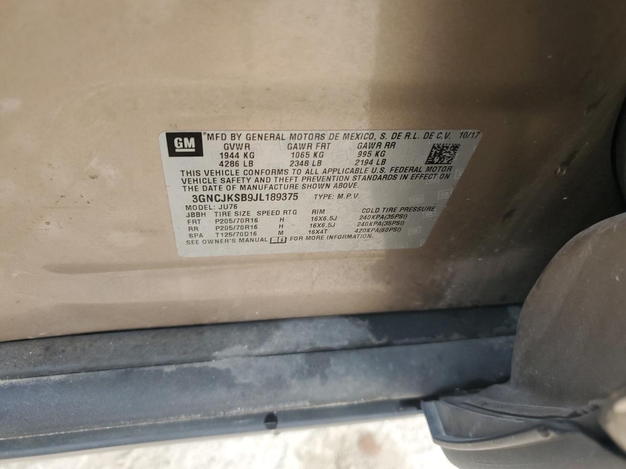 2018 Chevrolet Trax VIN 3GNCJKSB9JL189375 Copart auction photo, front end / side damage thumbnail 13