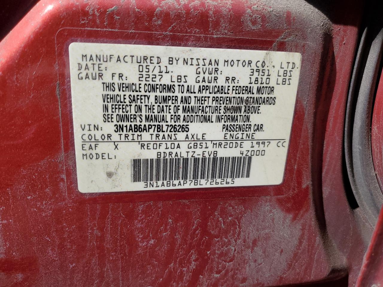 2011 Nissan Sentra VIN 3N1AB6AP7BL726265 Copart auction photo, side damage thumbnail 12