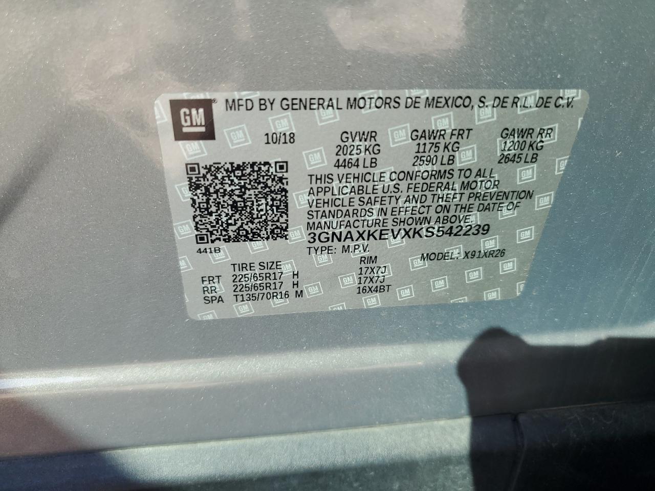 2019 Chevrolet Equinox VIN 3GNAXKEVXKS542239 Copart auction photo, rear end damage thumbnail 13