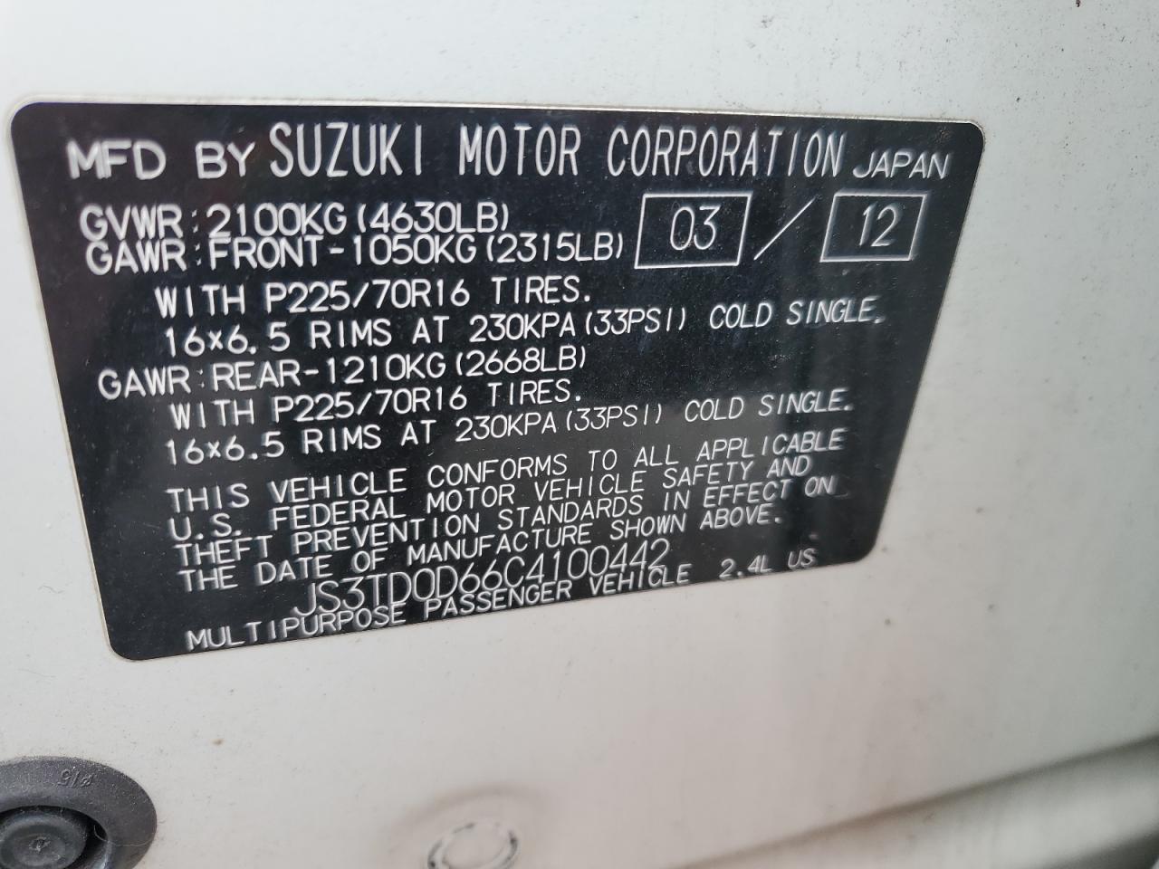 2012 Suzuki Grand Vitara VIN JS3TD0D66C4100442 Copart auction photo, side damage thumbnail 13