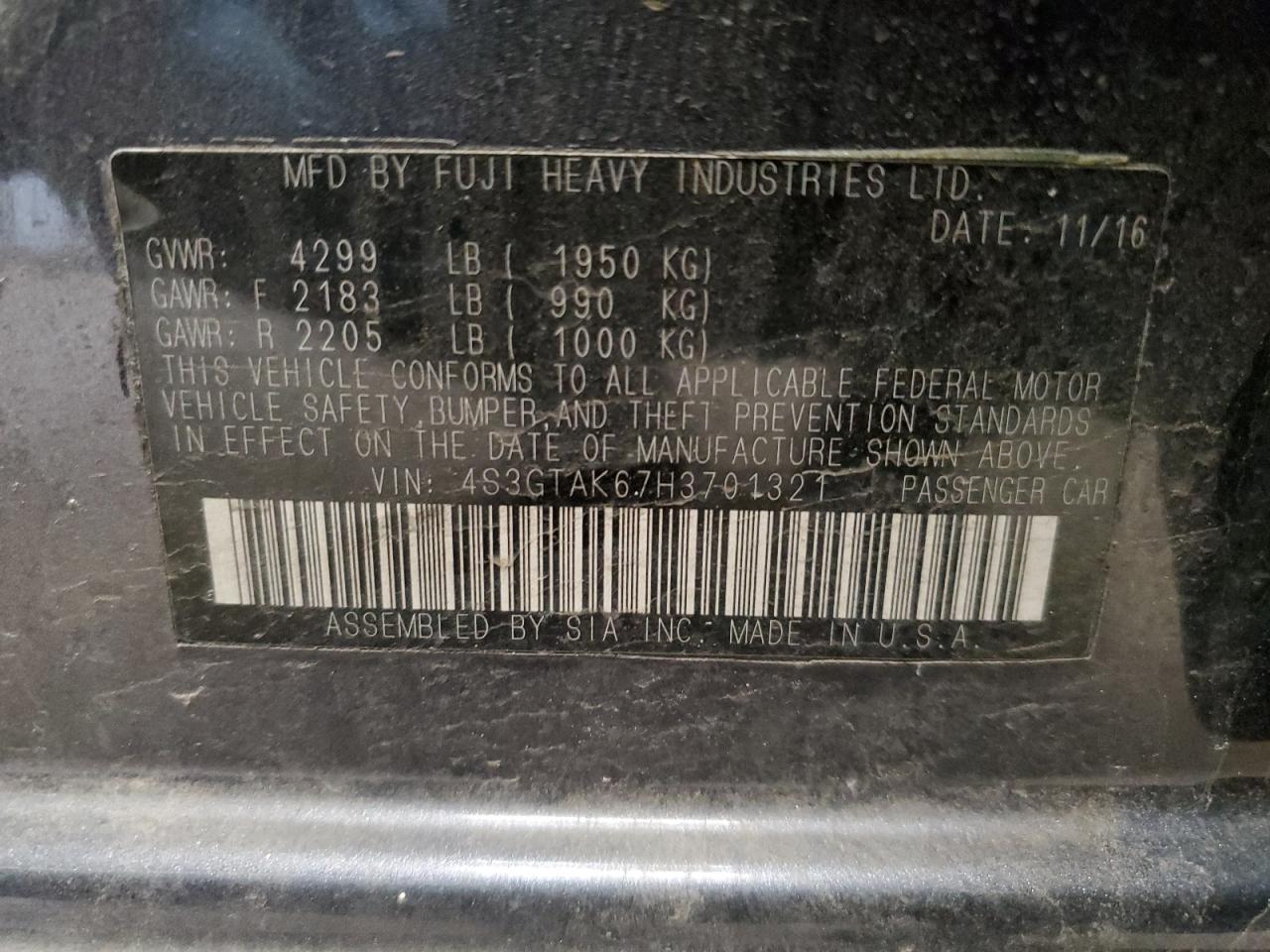 2017 Subaru Impreza VIN 4S3GTAK67H3701321 Copart auction photo, front end damage thumbnail 14