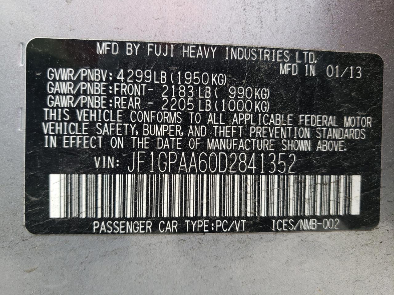 2013 Subaru Impreza VIN JF1GPAA60D2841352 Copart auction photo, front end / hail damage thumbnail 13