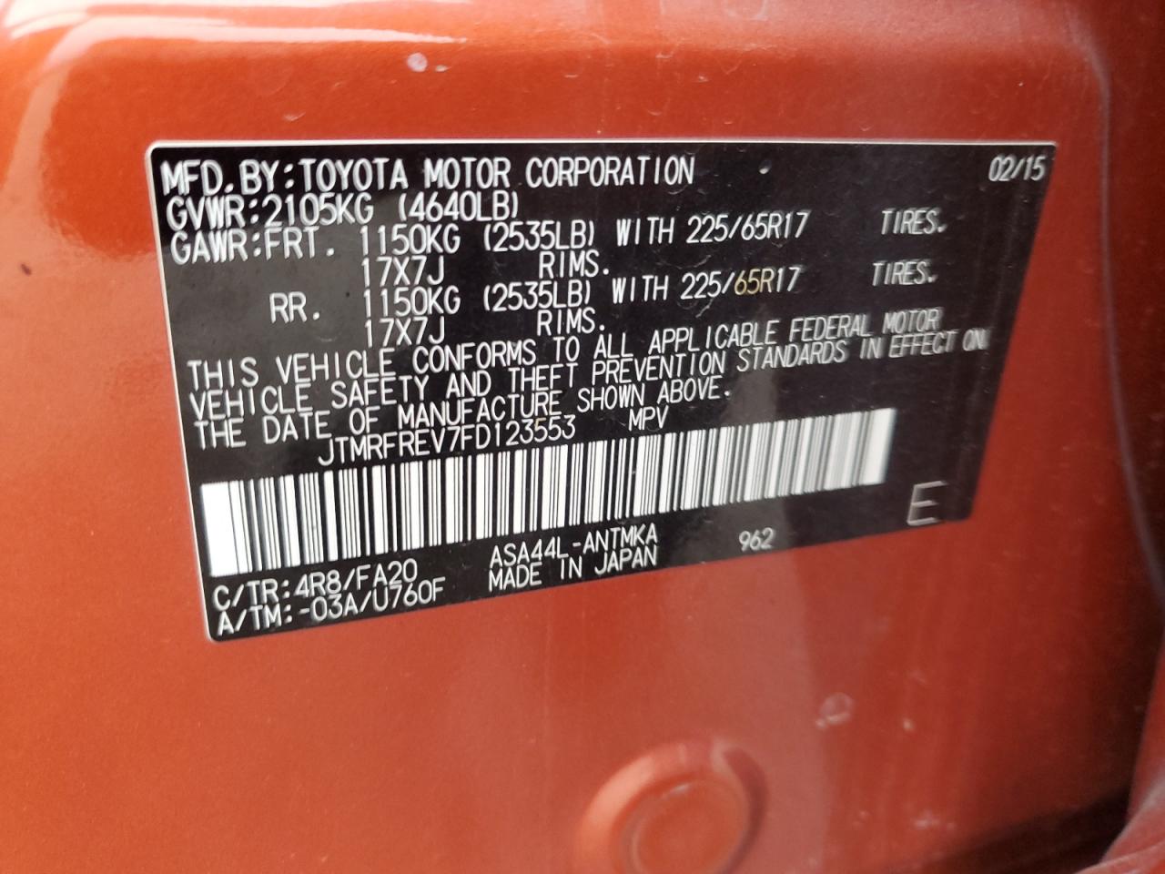 2015 Toyota RAV 4 VIN JTMRFREV7FD123553 Copart auction photo, front end / side damage thumbnail 14