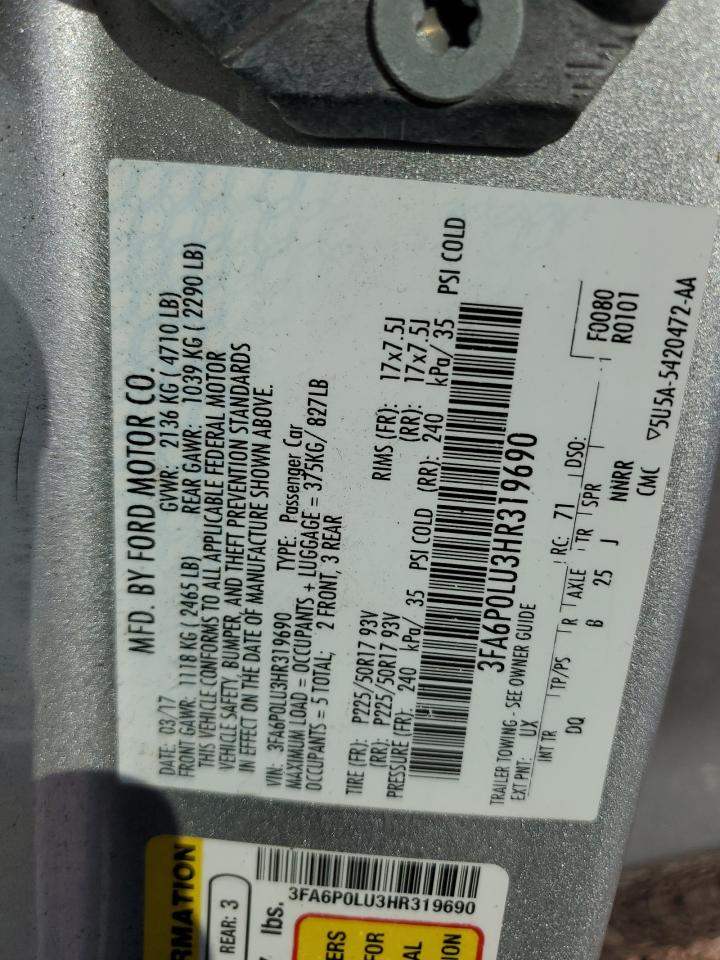 2017 Ford Fusion VIN 3FA6P0LU3HR319690 Copart auction photo, front end damage thumbnail 12