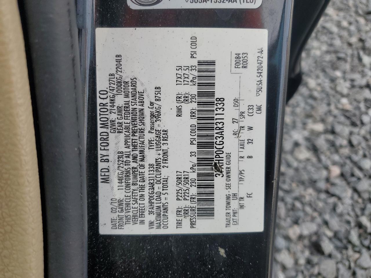 2010 Ford Fusion VIN 3FAHP0CG3AR311338 Copart auction photo, front end / side damage thumbnail 12