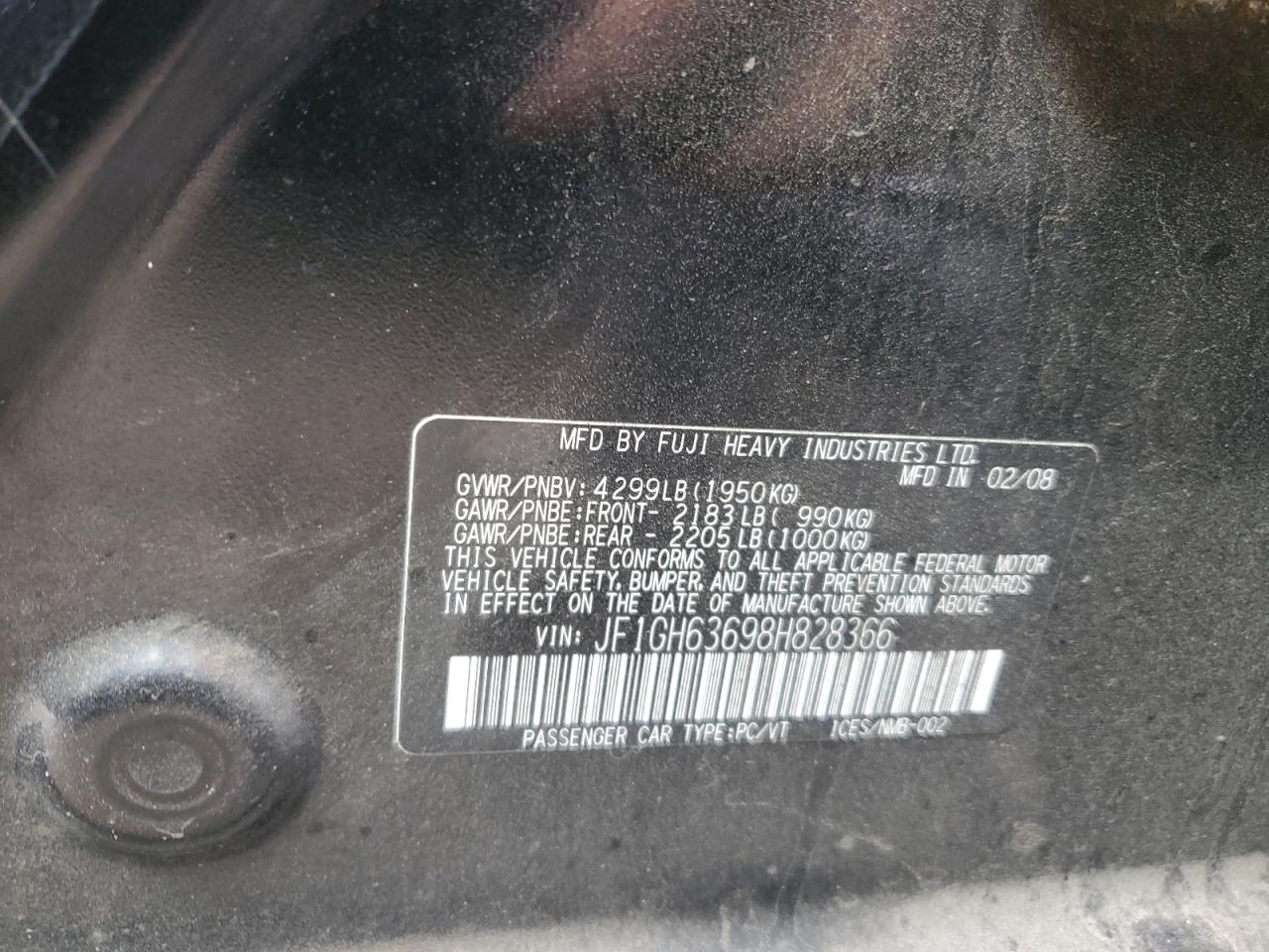 2008 Subaru Impreza VIN JF1GH63698H828366 Copart auction photo, front end / side damage thumbnail 13