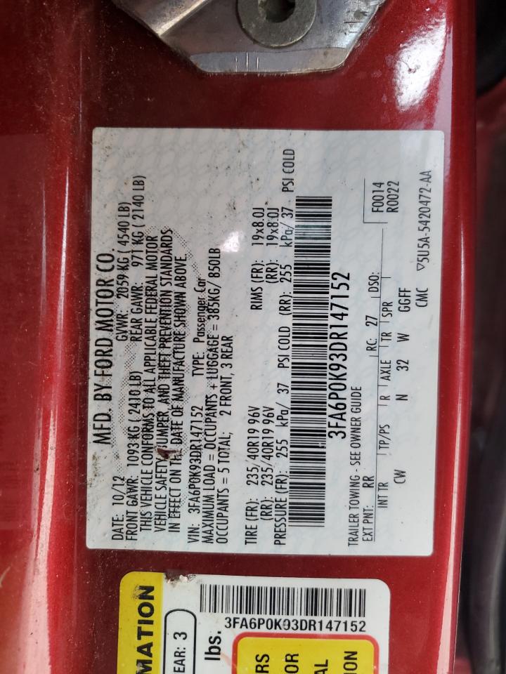 2013 Ford Fusion VIN 3FA6P0K93DR147152 Copart auction photo, front end / mechanical damage thumbnail 12