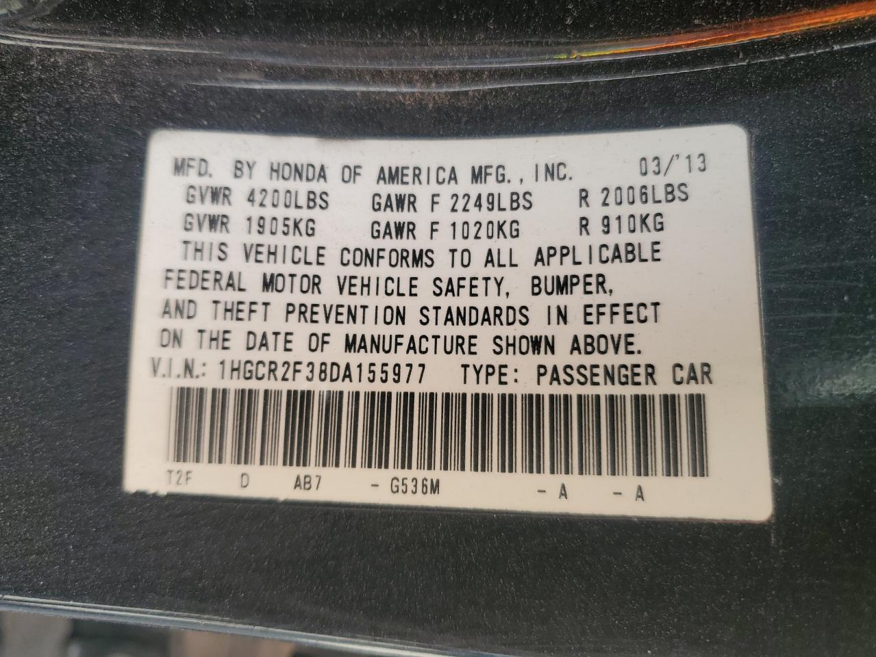 2013 Honda Accord VIN 1HGCR2F38DA155977 Copart auction photo, front end / rear end damage thumbnail 12