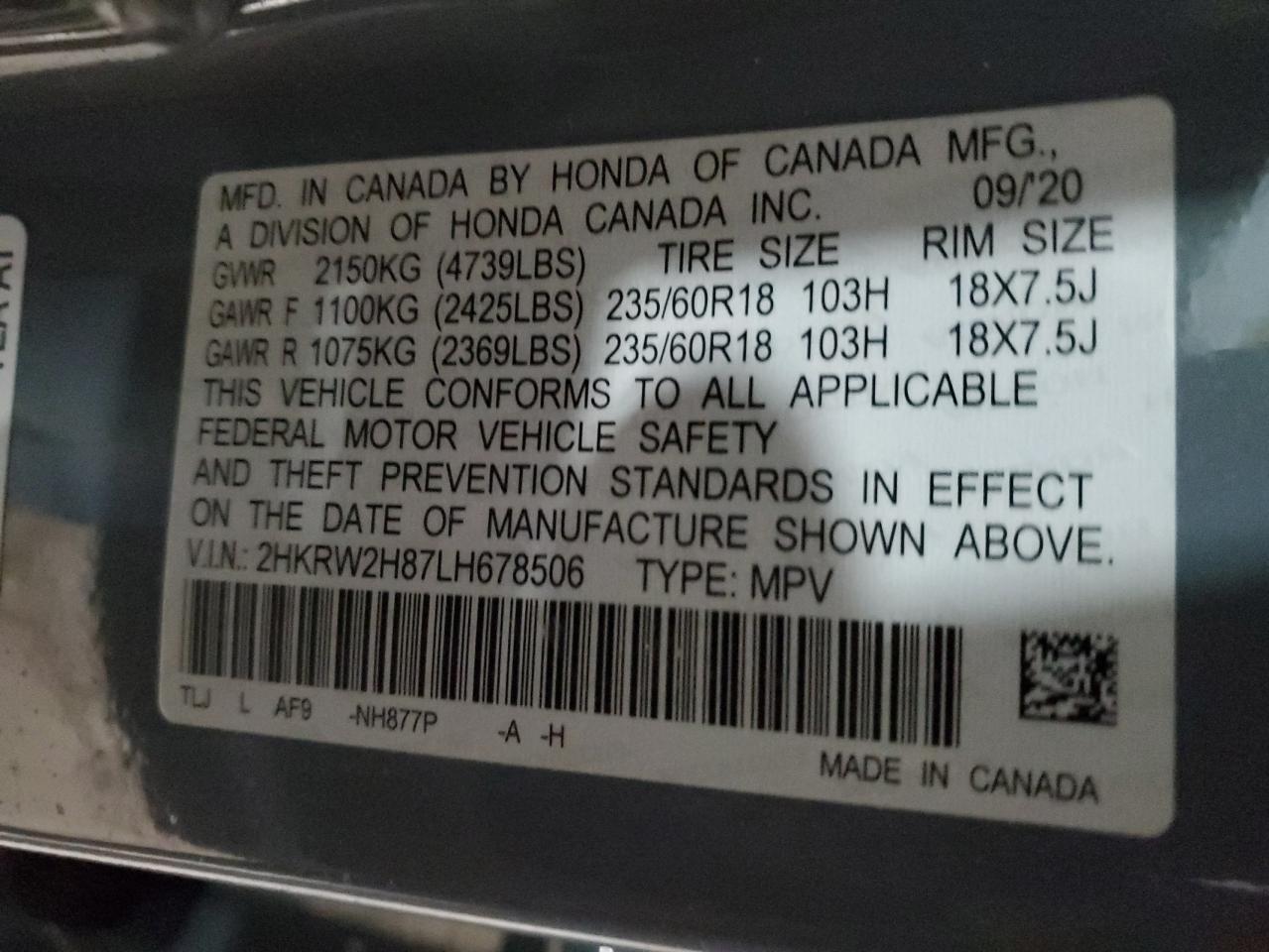 2020 Honda CR-V VIN 2HKRW2H87LH678506 Copart auction photo, rear end / front end damage thumbnail 15