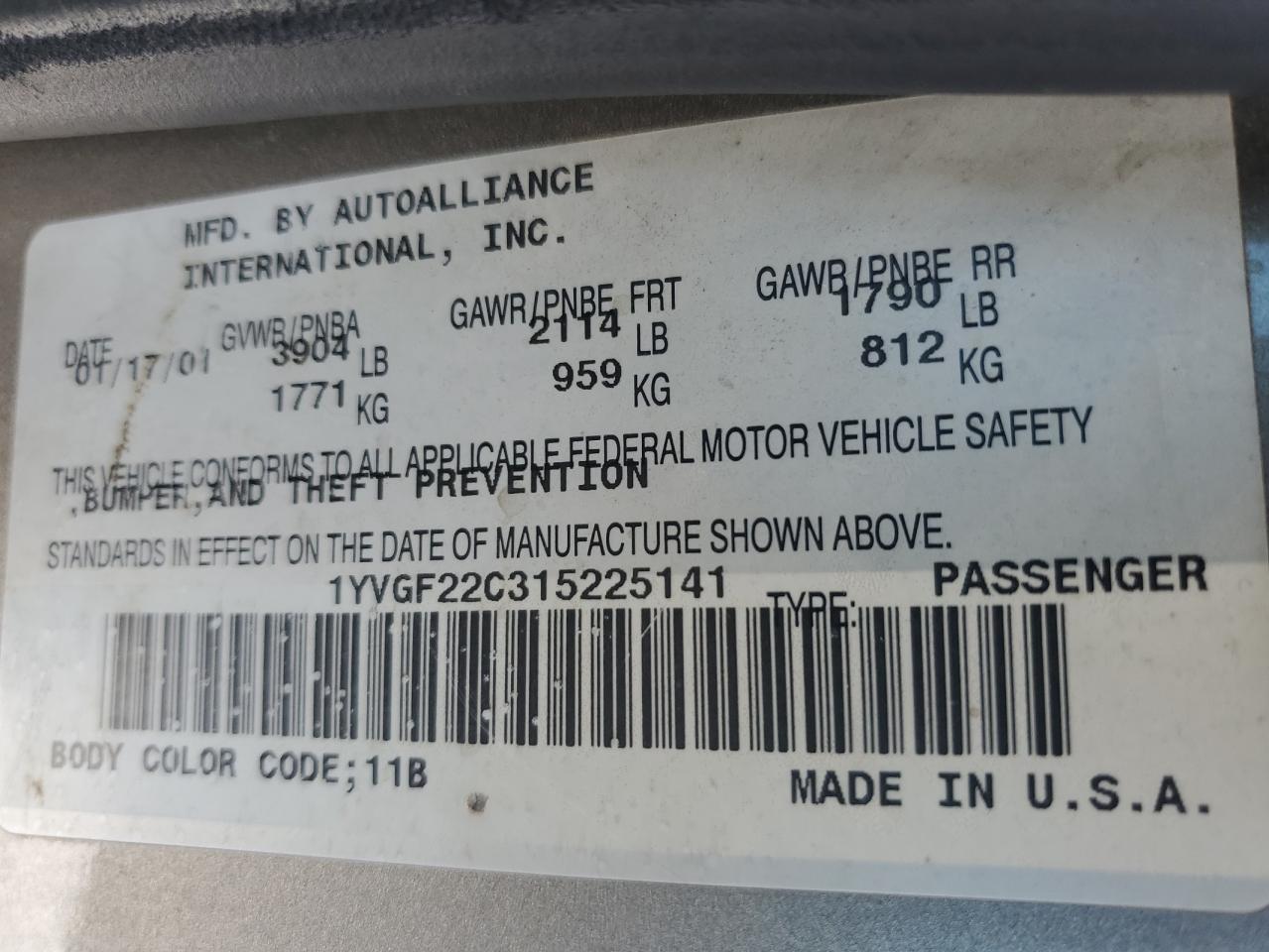 2001 Mazda 626 VIN 1YVGF22C315225141 Copart auction photo, front end / side damage thumbnail 12
