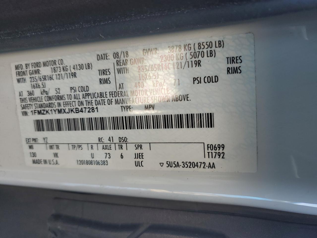 2018 Ford Transit VIN 1FMZK1YMXJKB47281 Copart auction photo, minor dent/scratches damage thumbnail 13