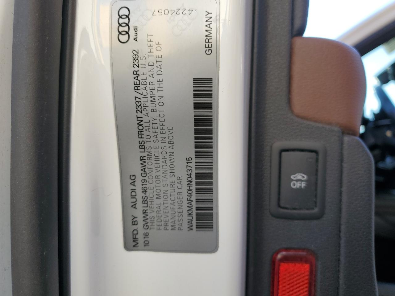 2017 Audi A4 VIN WAUKMAF40HN043715 Copart auction photo, front end damage thumbnail 12