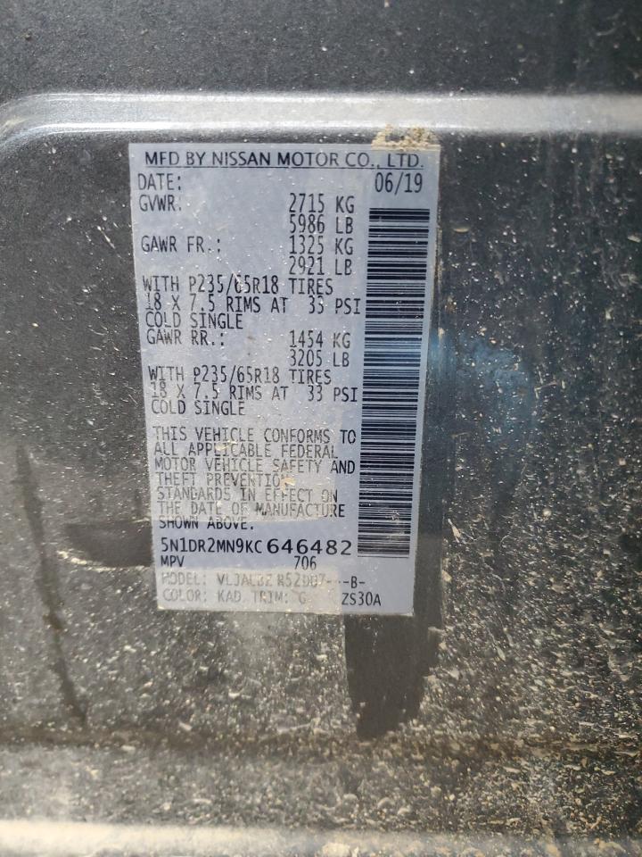 2019 Nissan Pathfinder VIN 5N1DR2MN9KC646482 Copart auction photo, front end damage thumbnail 15