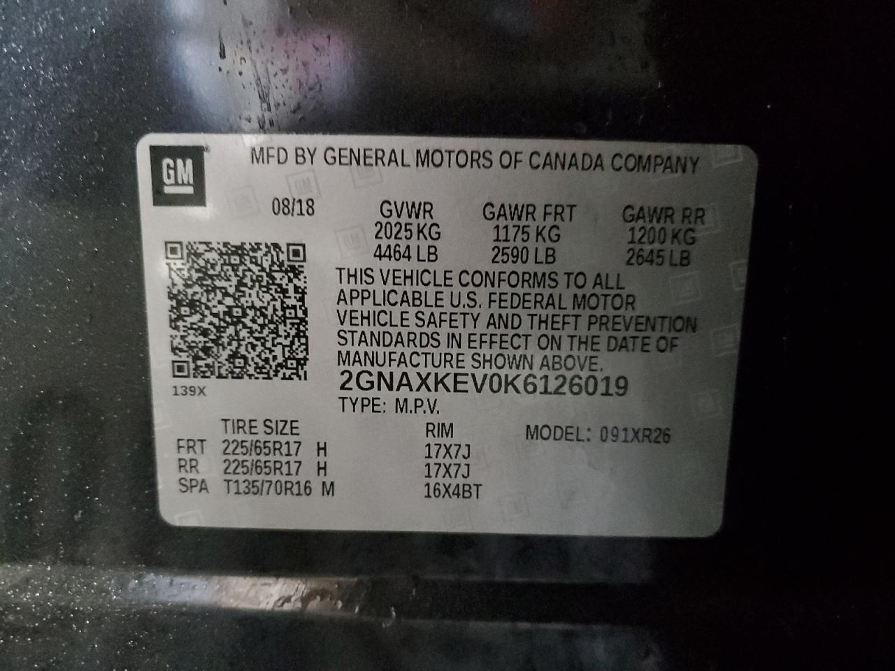2019 Chevrolet Equinox VIN 2GNAXKEV0K6126019 Copart auction photo, rear end / minor dent/scratches damage thumbnail 13