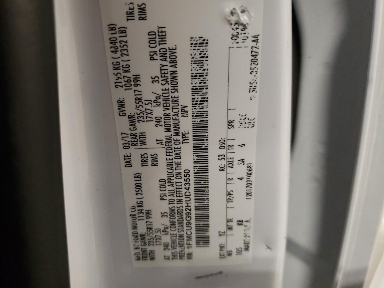 2017 Ford Escape VIN 1FMCU9G92HUD43550 Copart auction photo, vandalism damage thumbnail 15