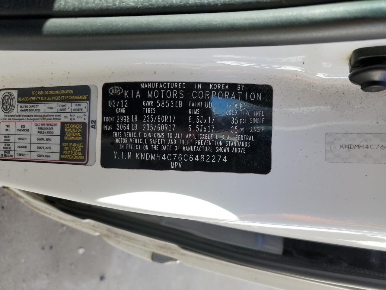 2012 KIA Sedona VIN KNDMH4C76C6482274 Copart auction photo, front end damage thumbnail 16
