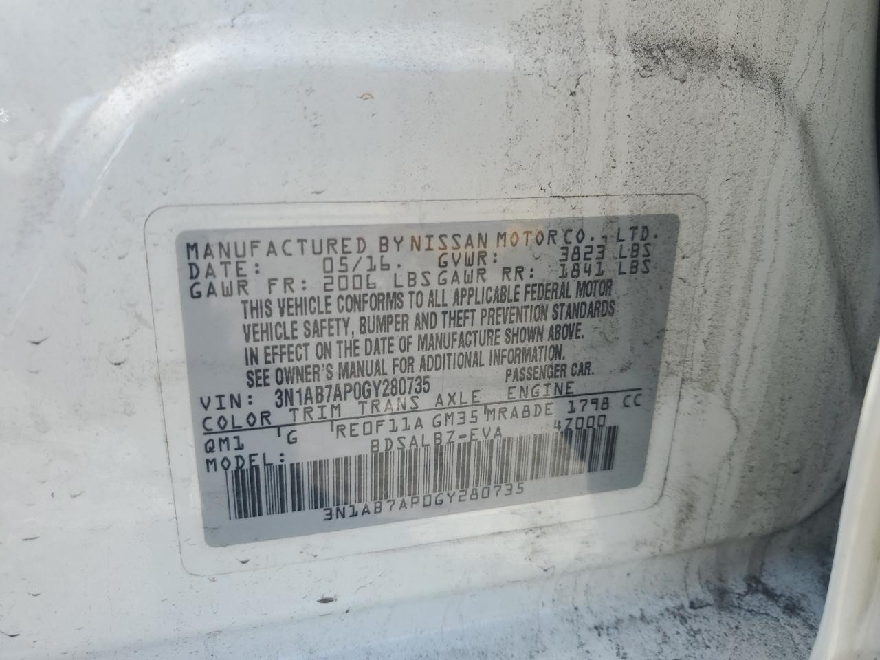 2016 Nissan Sentra VIN 3N1AB7AP0GY280735 Copart auction photo, front end / side damage thumbnail 12