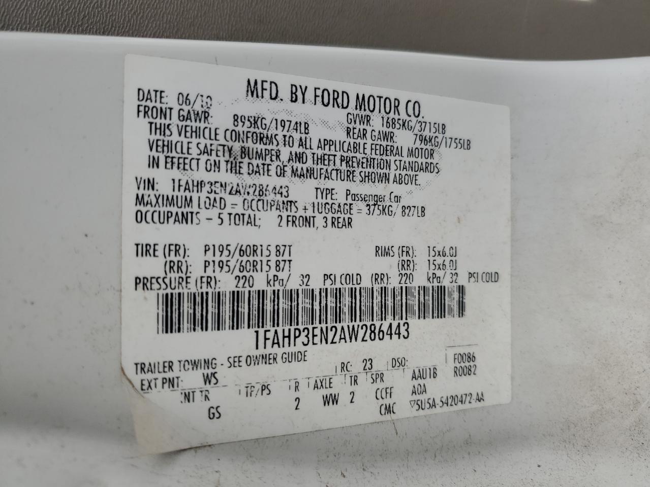 2010 Ford Focus VIN 1FAHP3EN2AW286443 Copart auction photo, front end damage thumbnail 15