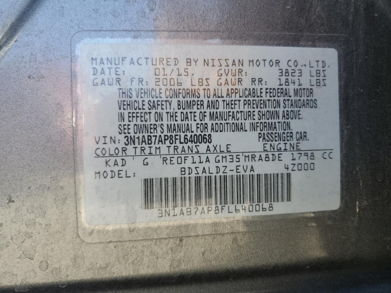 2015 Nissan Sentra VIN 3N1AB7AP8FL640068 Copart auction photo, side / rear end damage thumbnail 12