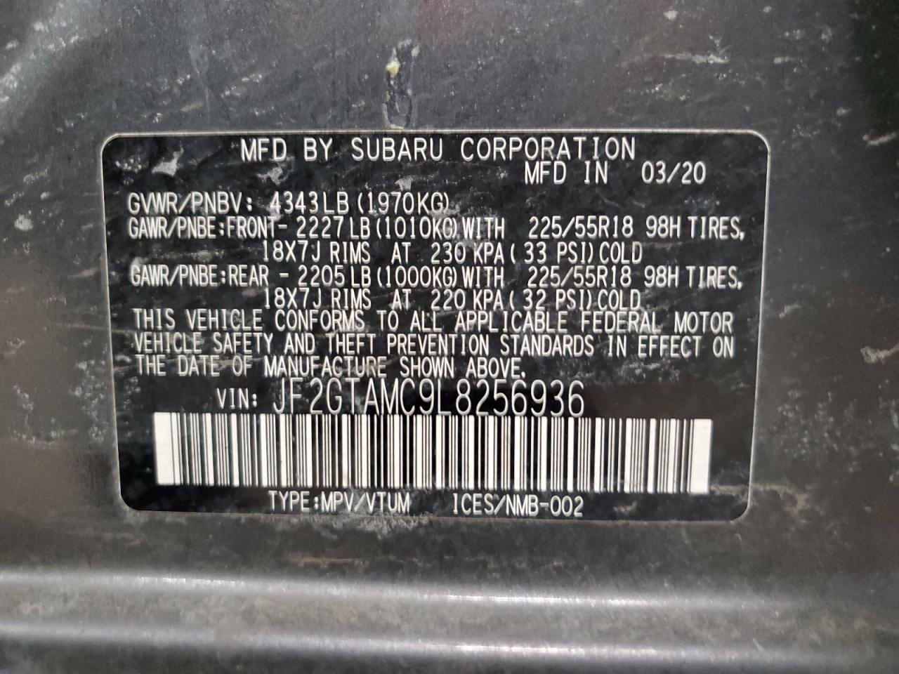 2020 Subaru XV VIN JF2GTAMC9L8256936 Copart auction photo, rear end damage thumbnail 13