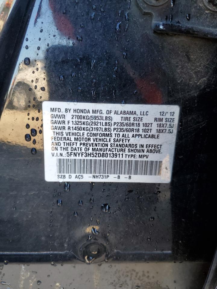 2013 Honda Pilot VIN 5FNYF3H52DB013911 Copart auction photo, top/roof / rear end damage thumbnail 13