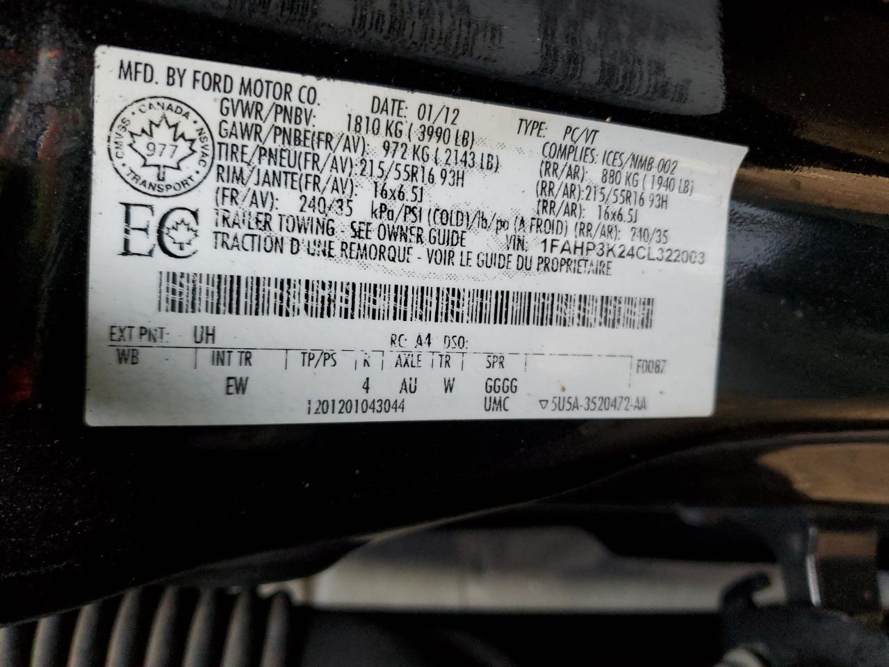 2012 Ford Focus VIN 1FAHP3K24CL322003 Copart auction photo, hail / minor dent/scratches damage thumbnail 12