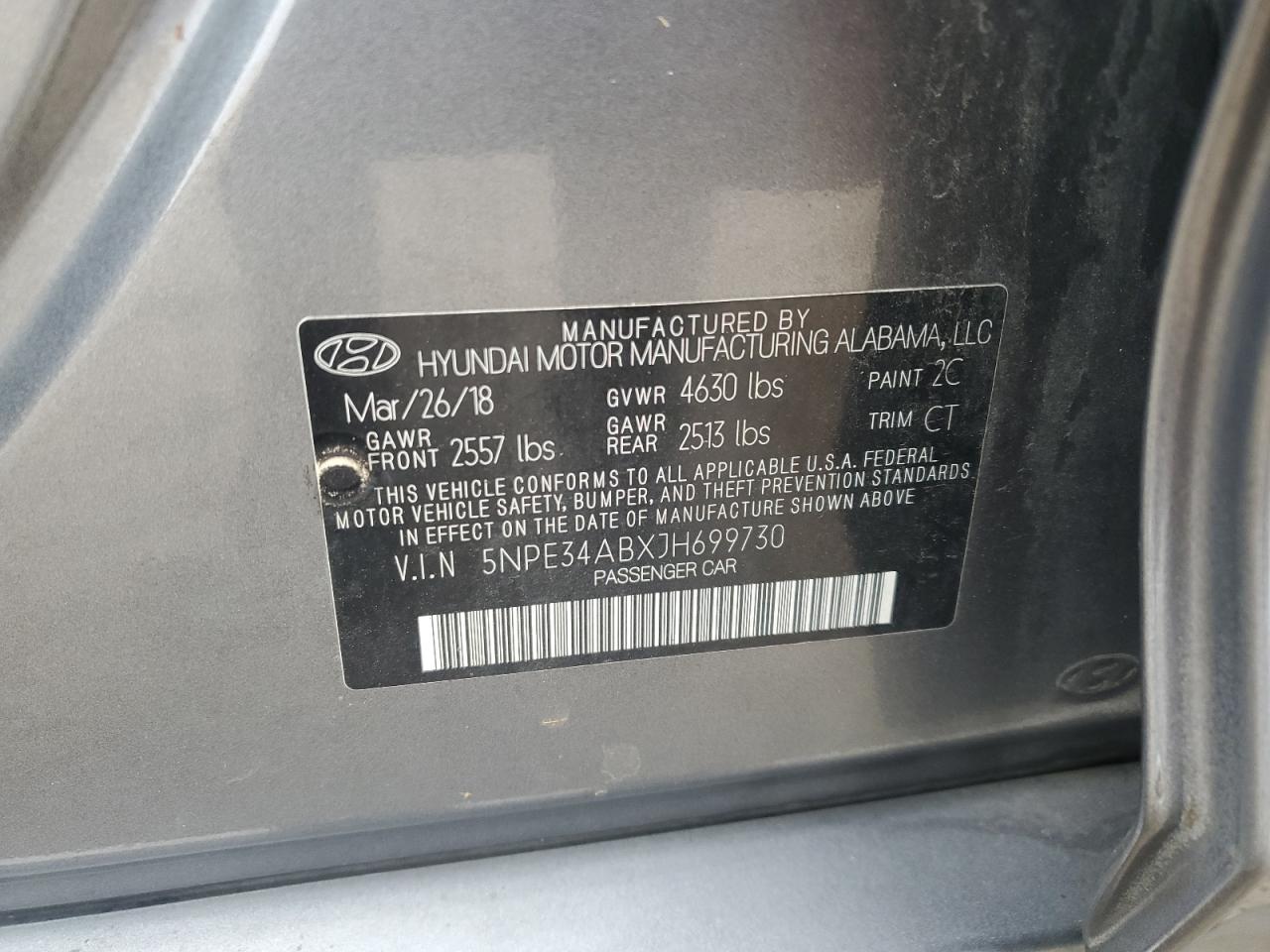 2018 Hyundai Sonata VIN 5NPE34ABXJH699730 Copart auction photo, front end / minor dent/scratches damage thumbnail 12