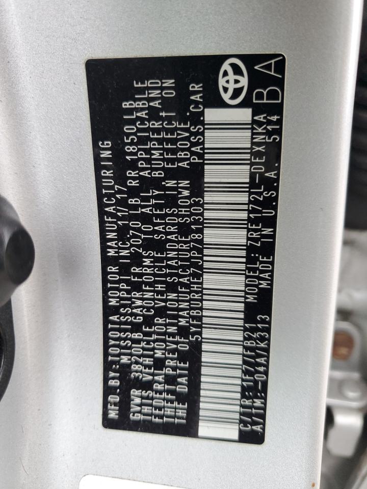 2018 Toyota Corolla VIN 5YFBURHE7JP781303 Copart auction photo, front end / minor dent/scratches damage thumbnail 12