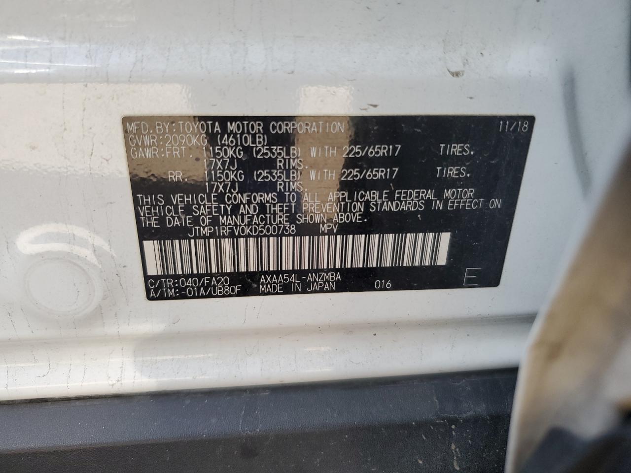 2019 Toyota RAV 4 VIN JTMP1RFV0KD500738 Copart auction photo, front end / rear end damage thumbnail 15