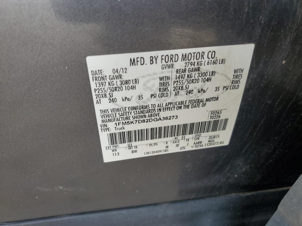 2013 Ford Explorer VIN 1FM5K7D82DGA36273 Copart auction photo, minor dent/scratches damage thumbnail 13