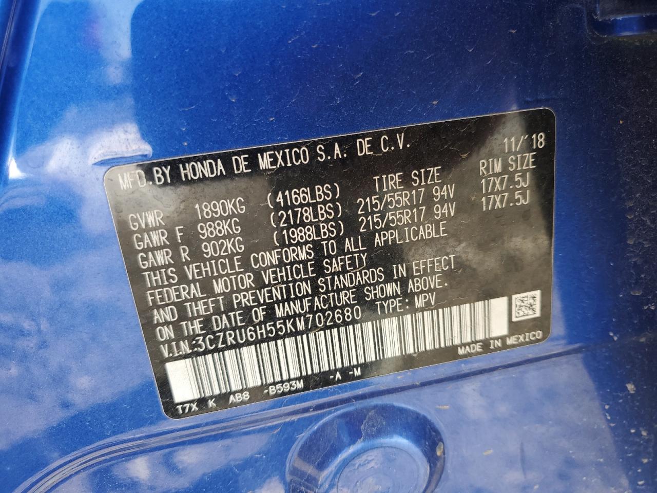 2019 Honda HR-V VIN 3CZRU6H55KM702680 Copart auction photo, all over damage thumbnail 13