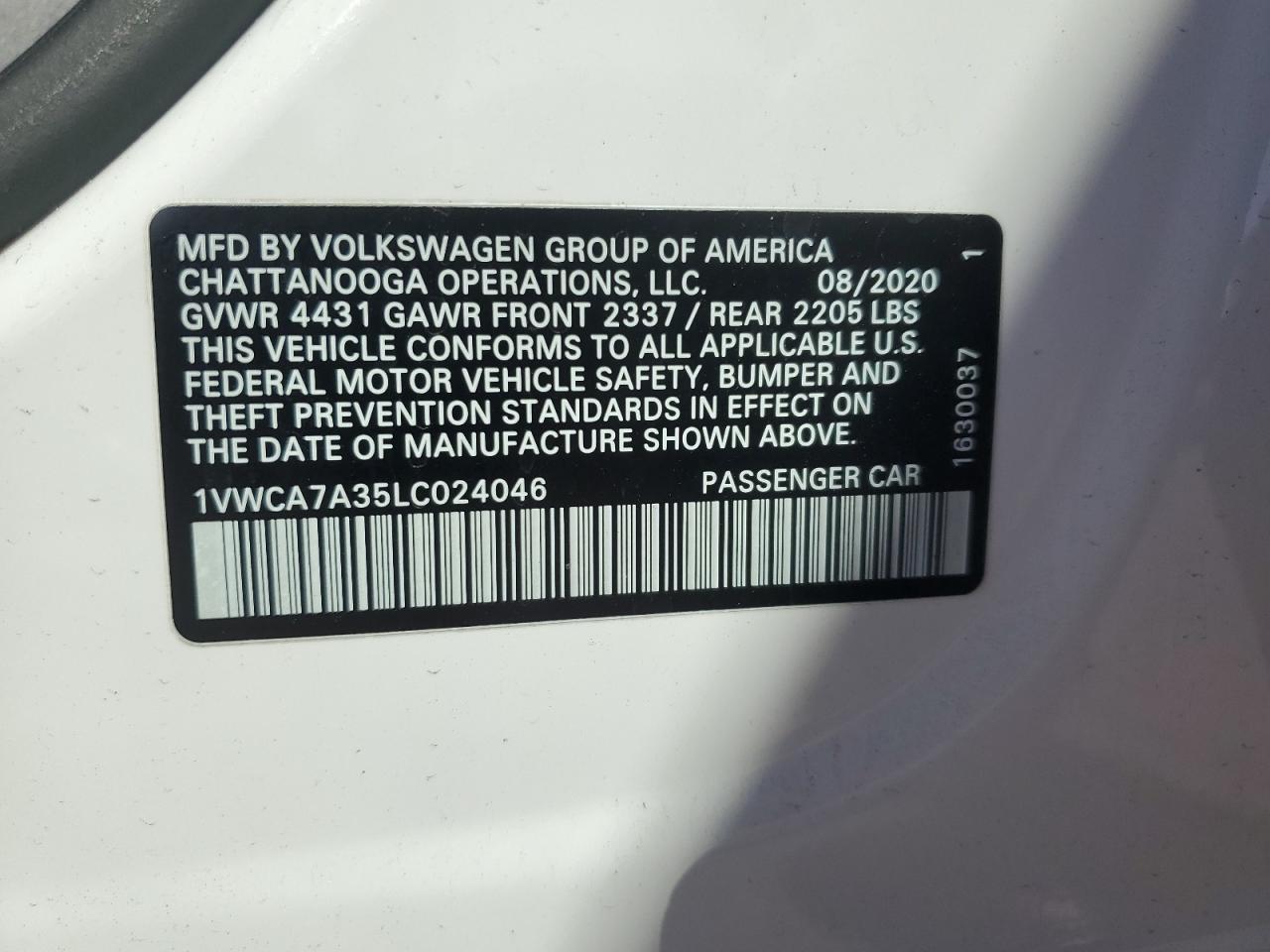 2020 Volkswagen Passat VIN 1VWCA7A35LC024046 Copart auction photo, front end / side damage thumbnail 13