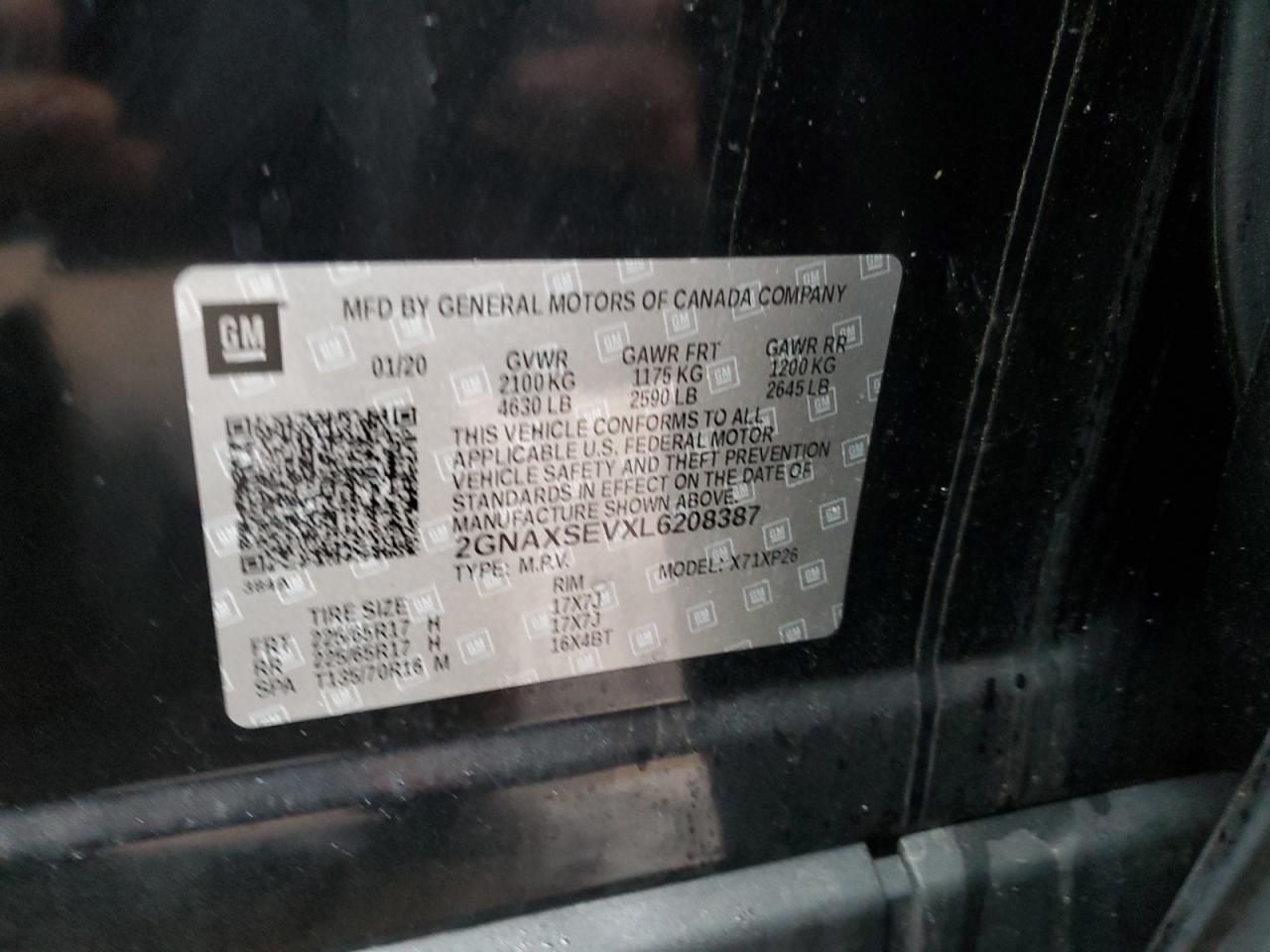 2020 Chevrolet Equinox VIN 2GNAXSEVXL6208387 Copart auction photo, front end / side damage thumbnail 13