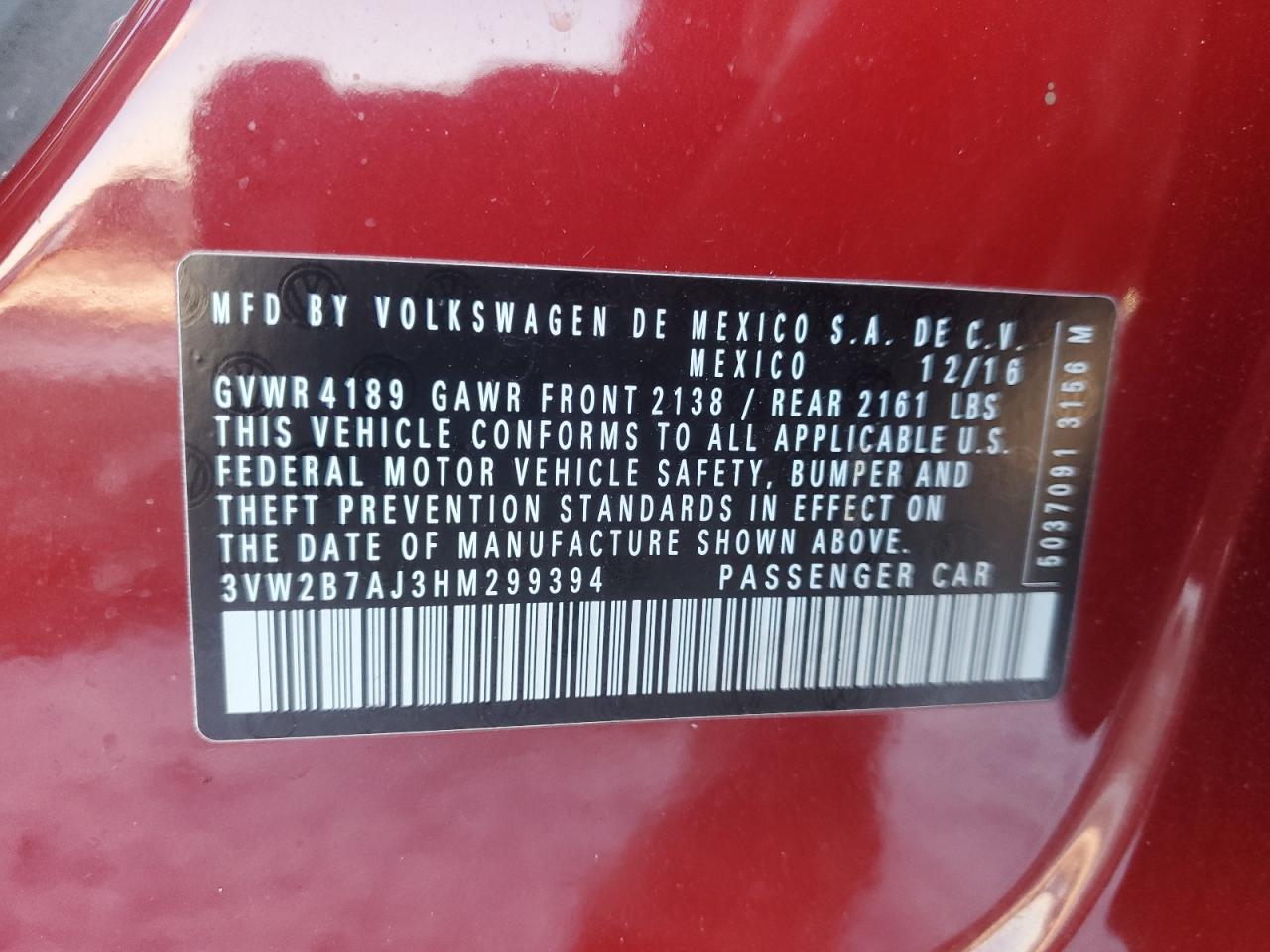 2017 Volkswagen Jetta VIN 3VW2B7AJ3HM299394 Copart auction photo, side damage thumbnail 12