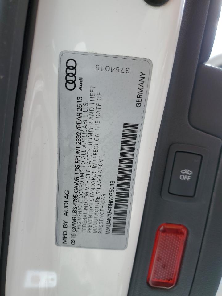 2017 Audi A4 VIN WAUANAF48HN038013 Copart auction photo, front end / minor dent/scratches damage thumbnail 12